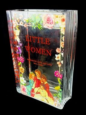Heavy GLASS Book Shaped Flower Vase Little Women by Louisa May Alcott Library